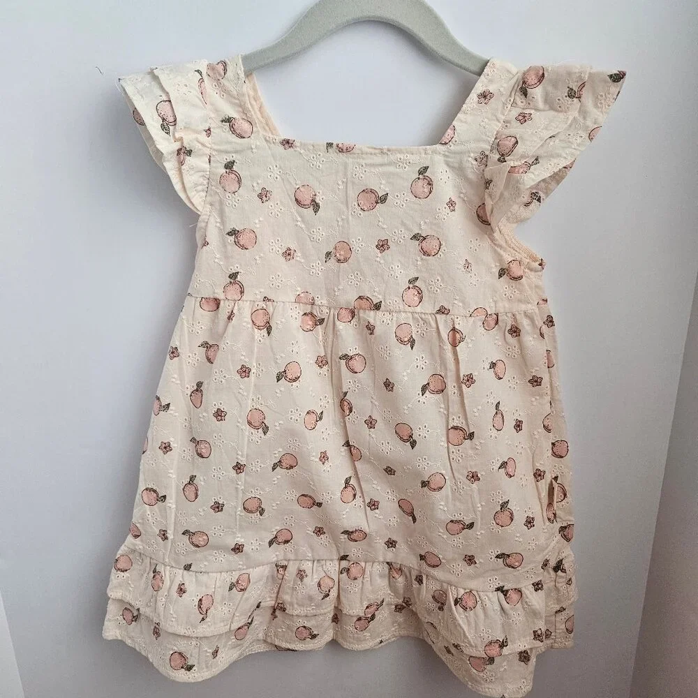 NWT Rabbit + Bear Organic Peaches and Flowers Print Eyelet Dress Size 3T